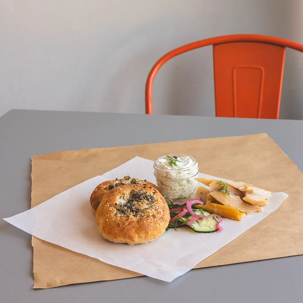 Sunday brunch bialys with herb schmear and house smoked trout